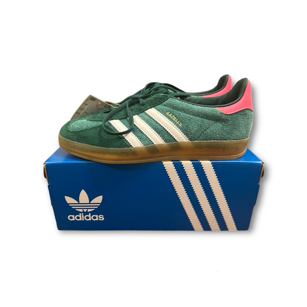Adidas Gazelles indoors in dark green and pink size 6.5 and 7.5